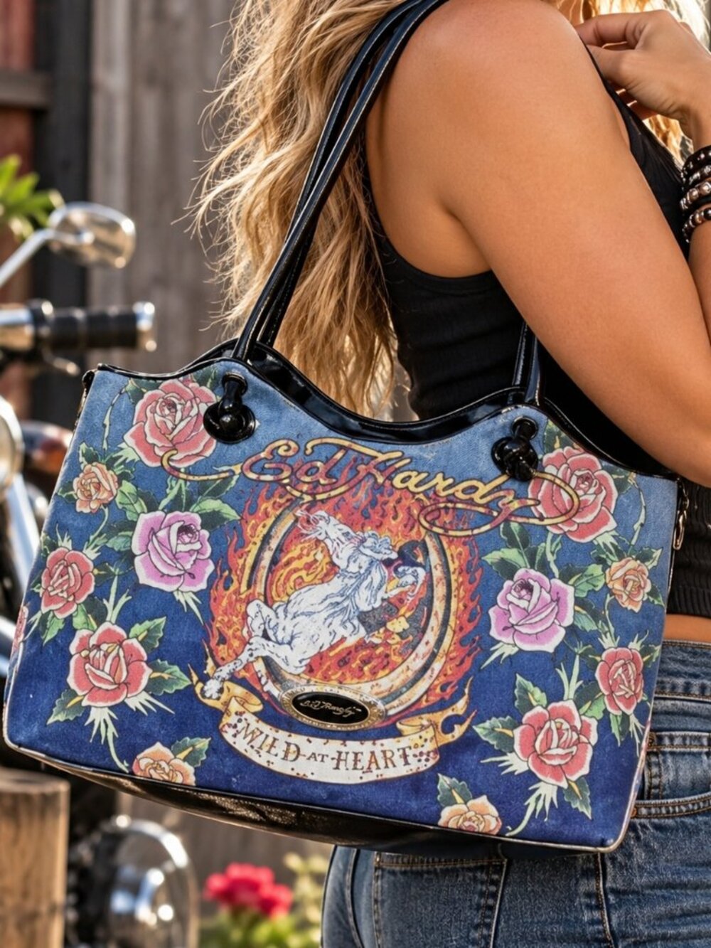 Ed Hardy Dead Alive Rose Horse Graphic Canvas Tote Shoulder Bag Rhinestone Y2K